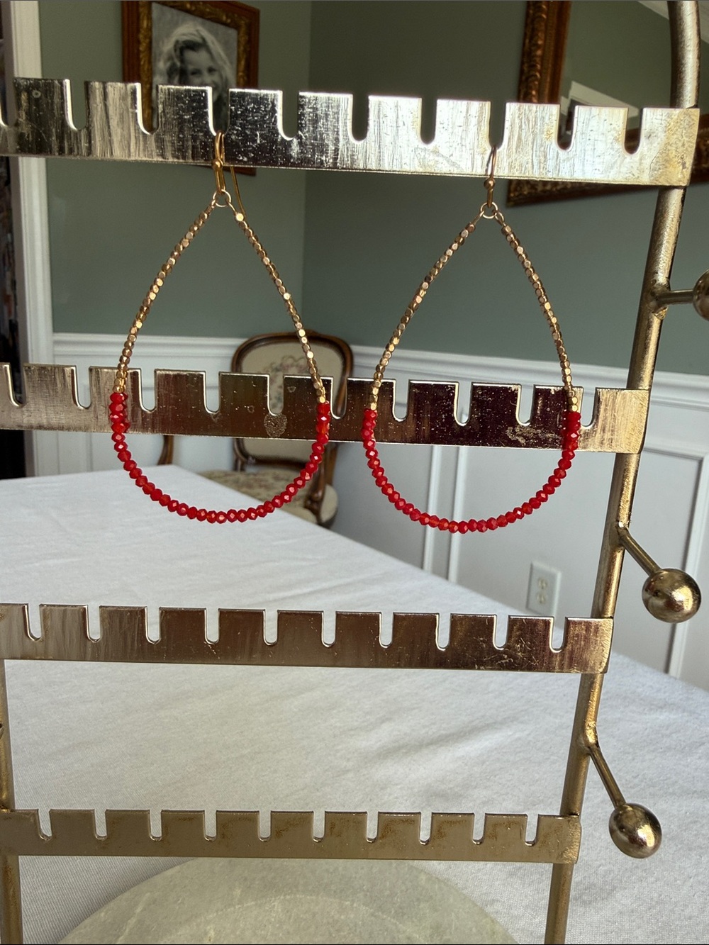 Gold Hoop Earrings with Red Beads - Women Jewelry